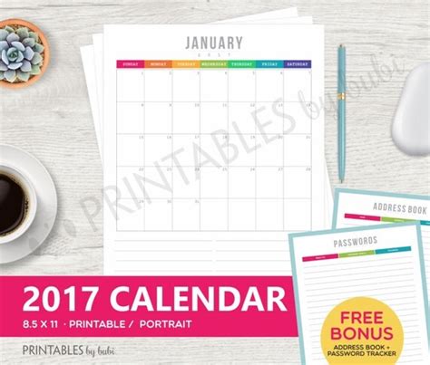 2017 Calendar Printable Wall Calendar 2017 Calendar By Cardsbybubi