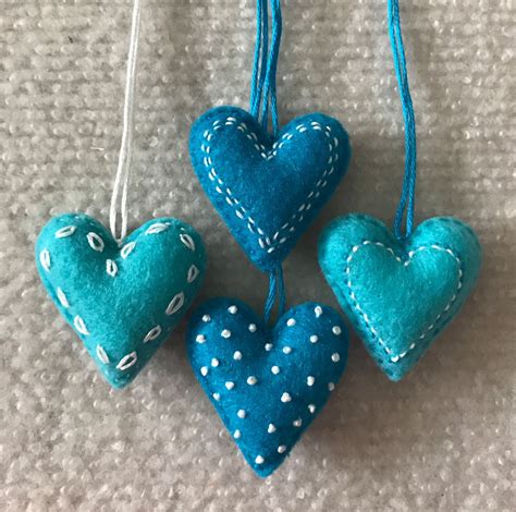 Felt Heart Ornaments In Aqua And Turquoise Set Of 4 By Lucismiles On