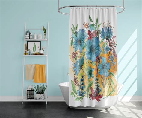 Floral Shower Curtain Blue Flowers And Green Leaves Etsy