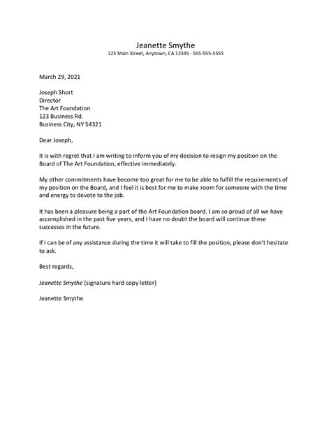 Board Resignation Letter Example