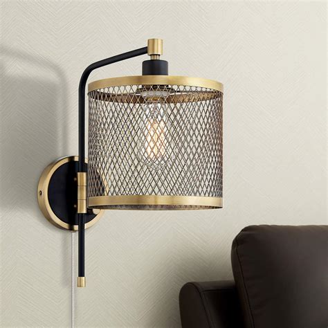 Brody Black And Brass Plug In Swing Arm Wall Lamp With Metal Mesh Shade