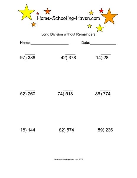 long division without remainders 3 worksheet for 4th 6th