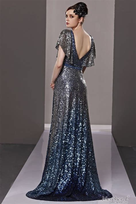 Dark Silver Sequined V Neck Chiffon Ball Gown Long Evening Dress There