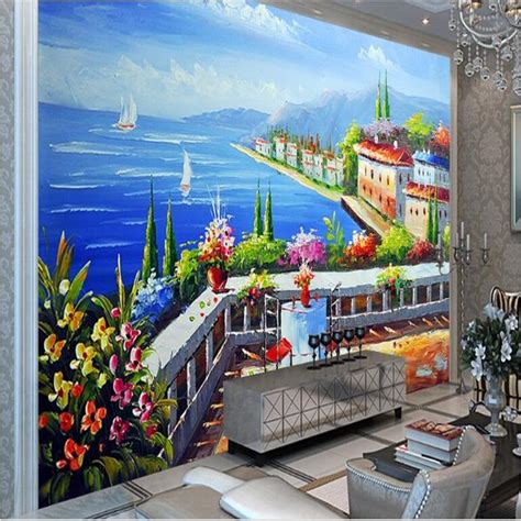 Beibehang Customized Large Murals Mediterranean Coast Landscape Oil