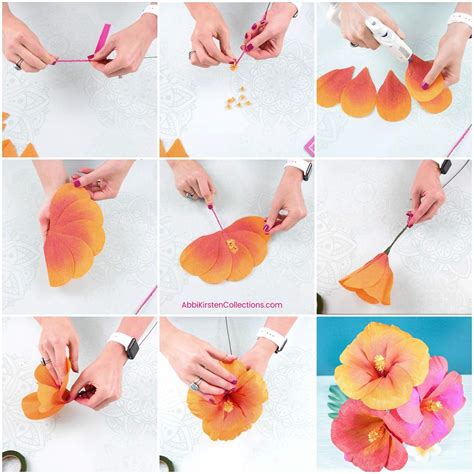 Cut 5 petals from the pattern, 1 sun punch, 1 thick end of the stamen and 1 thin stamen top with 2 slits cut in the end ( refer to the pattern for measurements). DIY Hibiscus Flower Template: How to Make Crepe Paper Flowers | Paper flower template, Crepe ...