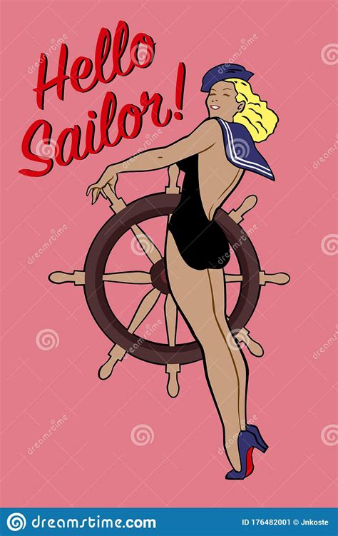 Hello Sailor Pin Up Girl With Rudder Wheel Stock Vector Illustration