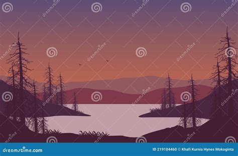 Beautiful Mountain View From The Riverbank At Sunset With The