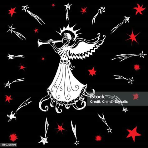 Vector Image Of Angel Playing On Trumpets In Starry Sky Stock