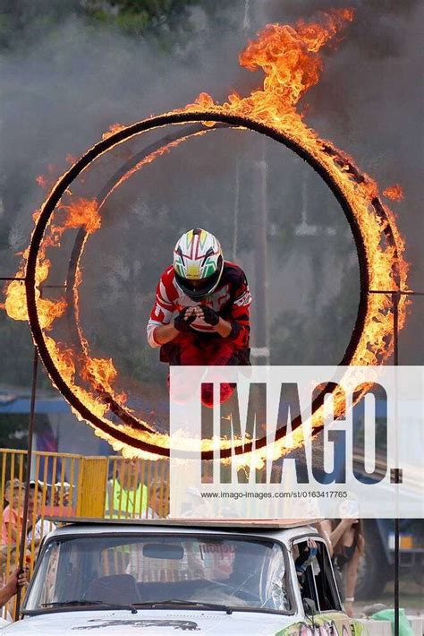 Ivanovo Russia July A Stuntman Jumps Through A Flaming Ring During The Show Of Stunt
