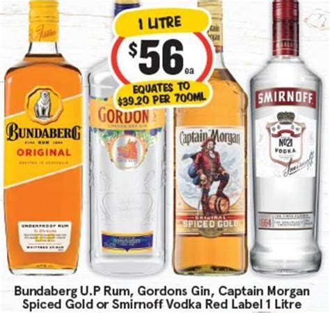 Bundaberg U P Rum Gordons Gin Captain Morgan Spiced Gold Or Smirnoff
