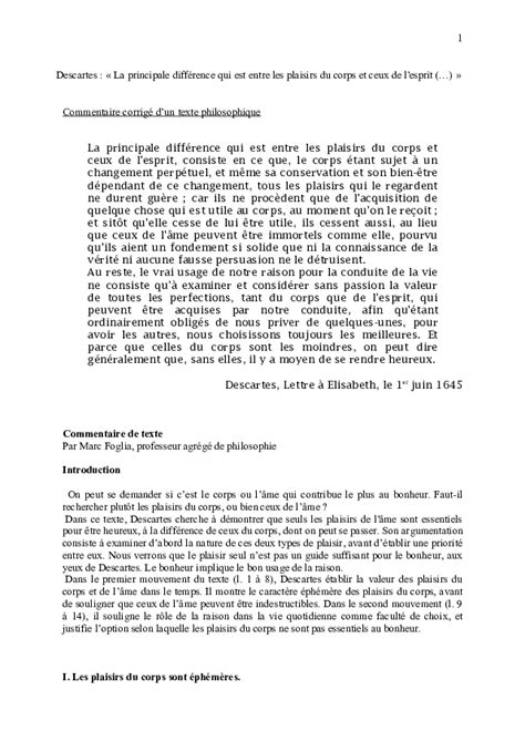 Descartes Discours De La Méthode Corrigé - Explication De Texte Descartes Lettre à Elisabeth - Texte Préféré