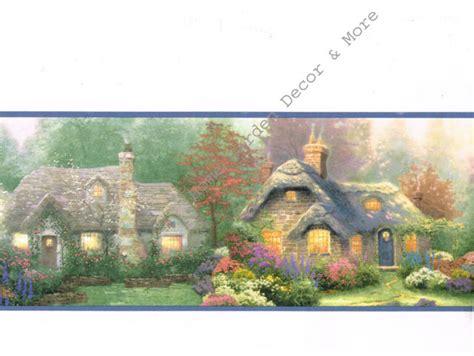 Thomas Kinkade Heathers Hutch Cottage Village Blue Trim Wallpaper