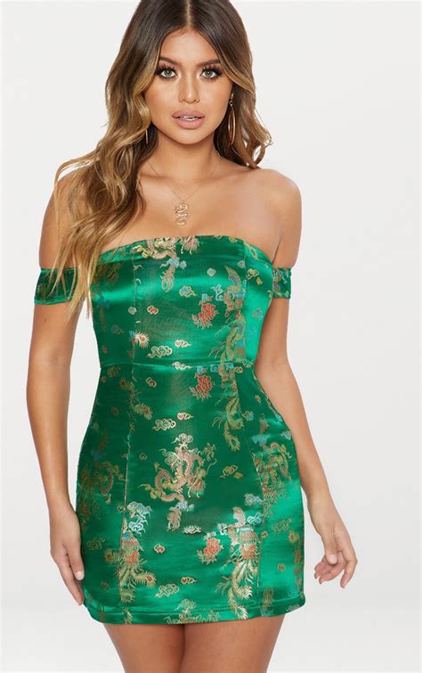 Green Oriental Jacquard Bardot Bodycon Dress Prettylittlething Ie