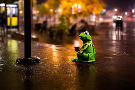 Rich Duck995 Kermit The Frog Sitting On A Bench In The Rain He In An
