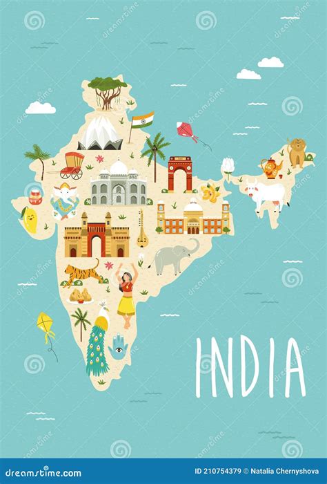 Illustrated Map Of India With Famous Landmarks Symbols And Animals