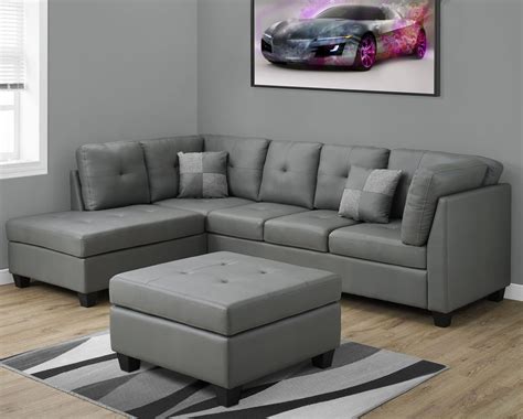 Browse our wide selection of gray couches and bring effortless style to your home with beautiful modern furniture and decor. Light Gray Bonded Leather Sectional Sofa from Monarch ...