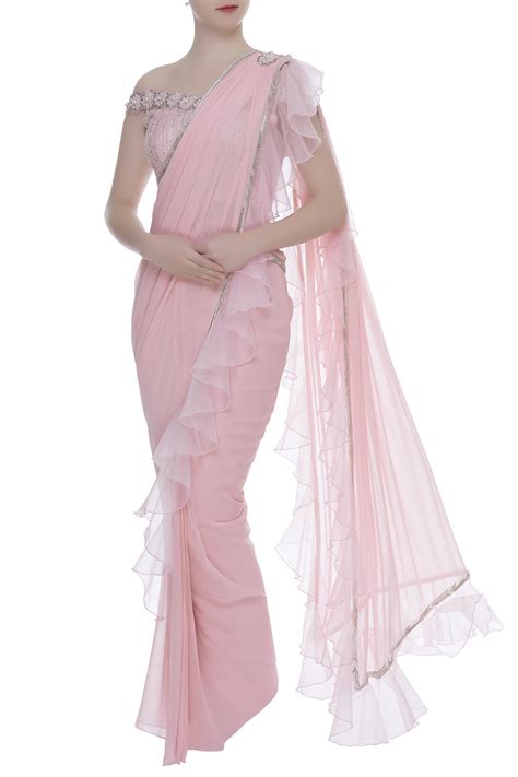 Buy Kresha Lulla Pink Ruffle Saree With Off Shoulder Embroidered Blouse