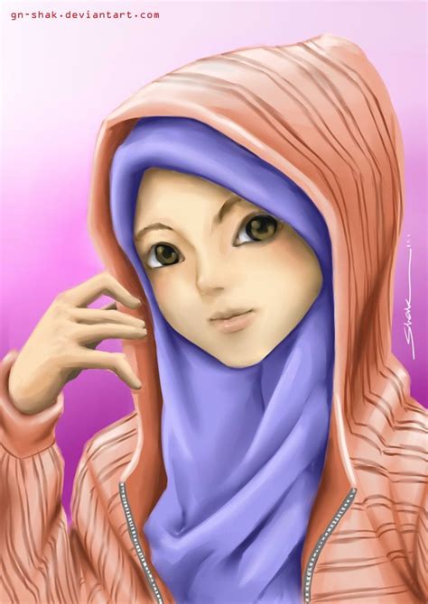 Terus menerus satu gambar garis wanita atau gadis mengenakan jilbab yang disebut jilbab gadis muslimah gaya muslimah cantik dengan hijab ungu. Fesyen Muslimah sekarang