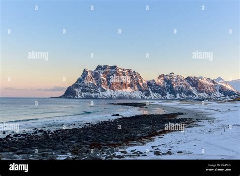 Dawn At Utakleiv Beach Lofoten Islands Norway In The Winter Stock