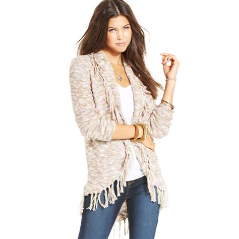 Lyst American Rag Marled Knit Fringed Cardigan In Natural