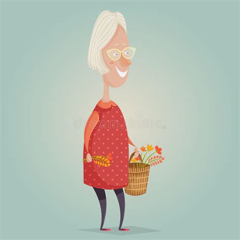 Old Woman Cartoon Character Happy Grandmother With Basket