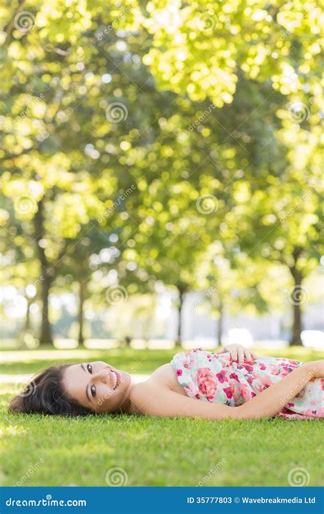 Stylish Gorgeous Brunette Lying On A Lawn Stock Image Image Of Brown Gorgeous