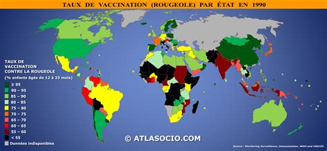 Carte du monde : taux de vaccination (rougeole ...
