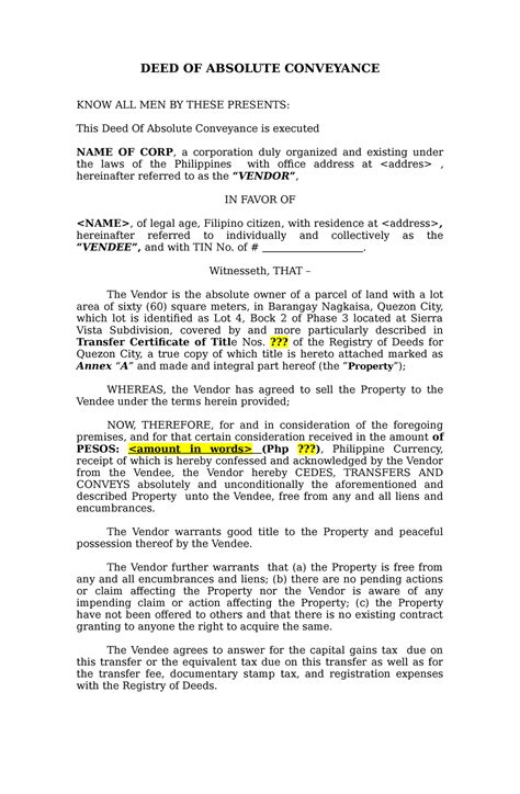 Deed Of Absolute Conveyance Template Deed Of Absolute Conveyance Know