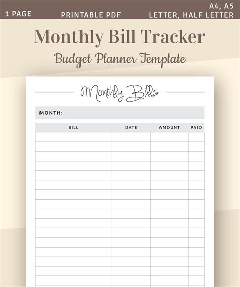 Monthly Bill Tracker Bill Planner Bill Payment Tracker Printable Monthly Budget Planner A