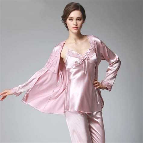 Ps036 Ladies Satin Silk Pyjamas Female Sexy Lace V Neck 3 Pieces Pajama Set Plus Size Full