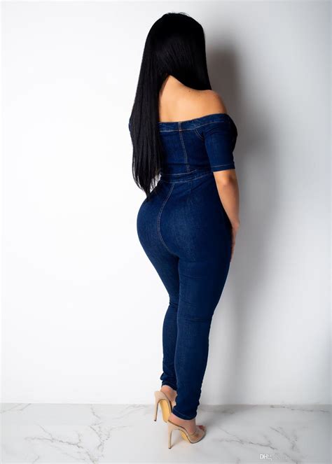 2020 Sexy Off Shoulder Skinny Denim Jumpsuit Women Slash Neck Button Front Bodycon Jeans