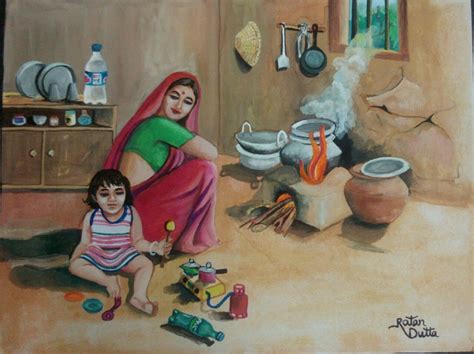 Ratan Dutta Paintings Indian Beautiful Village Women Coocks Village Scene Drawing Indian Art