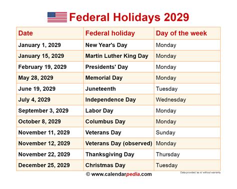 Federal Holidays 2029
