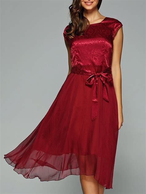 17 Off 2021 Elegant Jacquard Bowknot Dress For Women In Wine Red