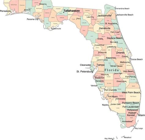 Multi Color Florida Map With Counties Capitals And Major Cities