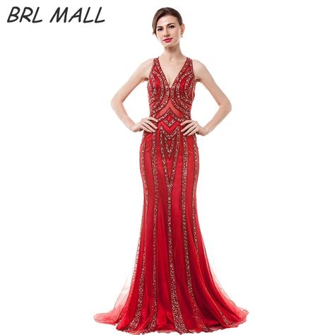 Brlmall Gorgeous Sexy Red Mermaid Prom Dresses 2017 Deep V Neck Beaded