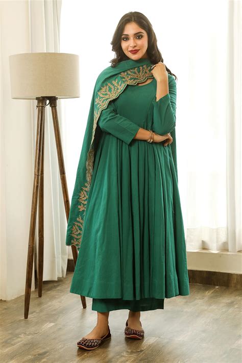 Buy Green Cotton Embroidered Thread Work Round Mahnoor Anarkali Set For