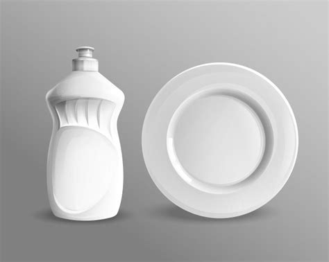 vector dishwashing liquid plastic bottle  ceramic circle plate mockup