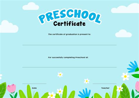 Preschool Graduation Certificate Template Free Kindergarten Diploma