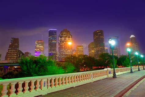 Houston Texas Modern Skyline At Sunset Twilight On Park Stock Photo