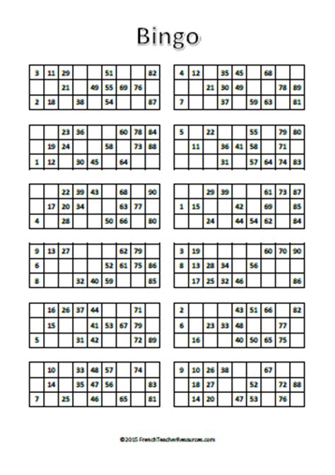 1 16 21 42 68. Bingo Cards - Numbers 1-90 - French Teacher ResourcesFrench Teacher Resources