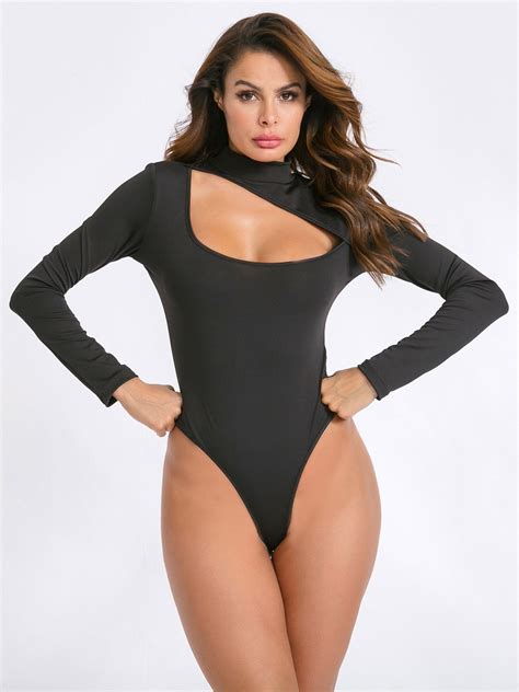 Long Sleeves Bodysuit Black Straps Neck Cut Out Stretch Sexy Polyester