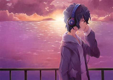 Hd Wallpaper Anime Original Boy Headphones Original Anime Sky