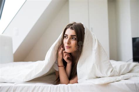 Woman Under A Duvet In Her Bedroom Stock Image Image Of Heating Head