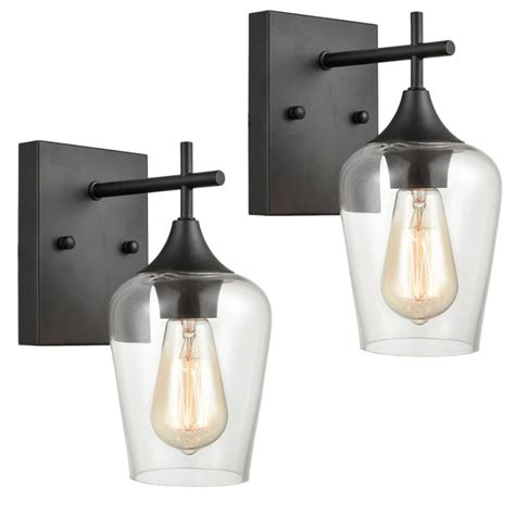 Industrial Clear Glass Wall Sconces Matte Black Bathroom Lights 2 Pack