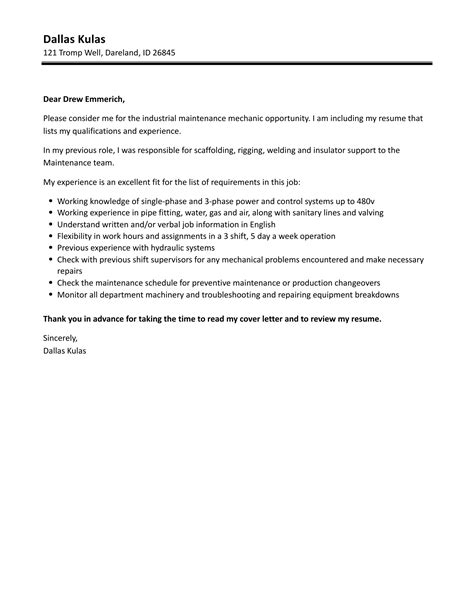 Industrial Maintenance Mechanic Cover Letter Velvet Jobs