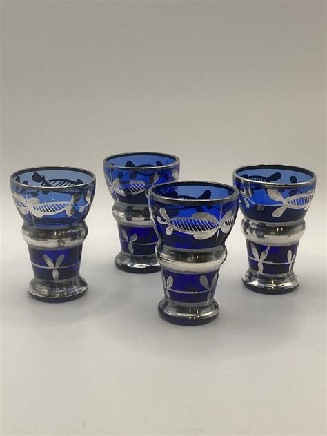 Set Of Four Vintage Glass Cordials Cobalt Blue With Silver Overlay See Pics Ebay