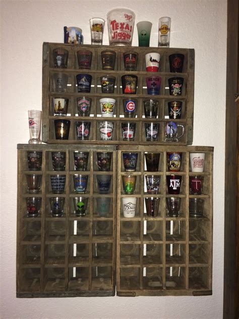 I Picked Up These Old Drink Crates From A Flea Market Perfect For Displaying My Shot Glass