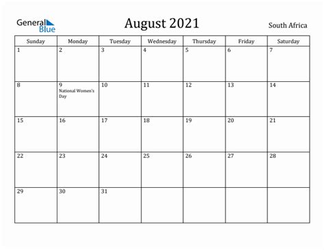 August 2021 Monthly Calendar With South Africa Holidays