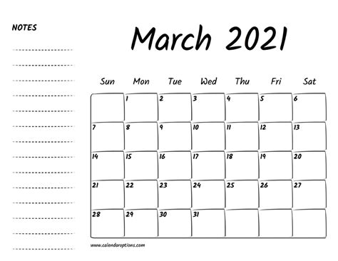 March 2021 Printable Calendar Calendar Options